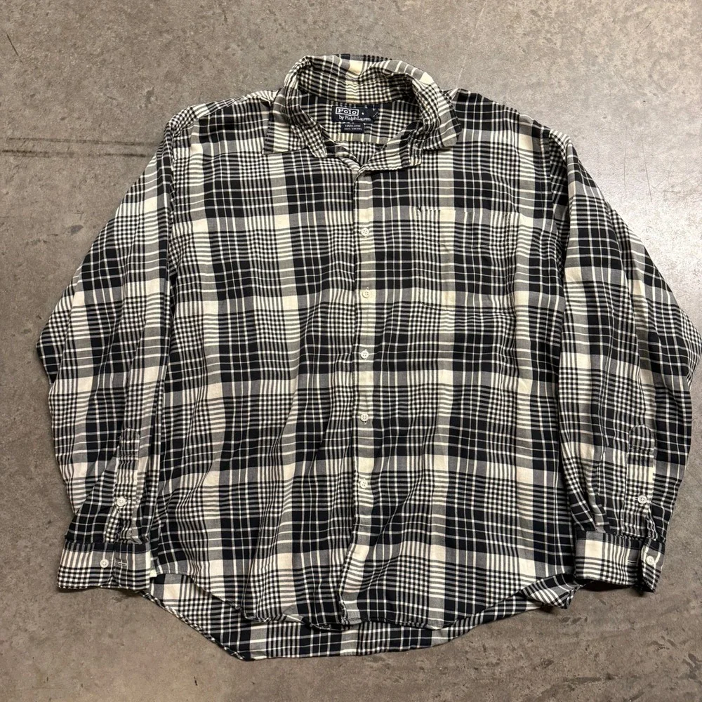 Polo Ralph Lauren Marlowe Mens XL Black Cream Plaid Cotton Button Down Shirt‎